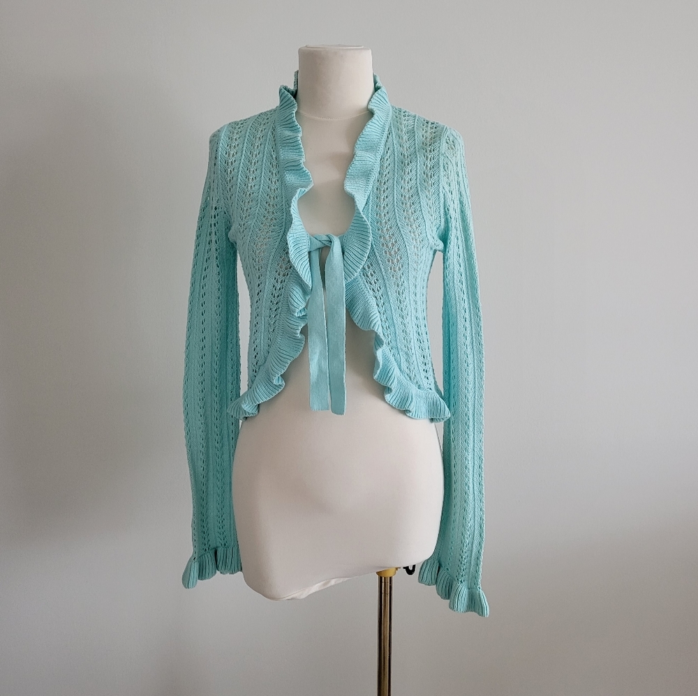 Cherokee y2k cotton crochet ruffle tie front cardigan sweater top blue size XXS